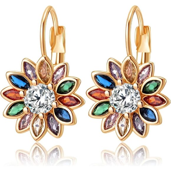 14K Gold Plated Crystal Flower Drop Leverback Earrings for Women Fashion - Picture 1 of 7